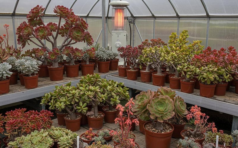 Exotic tender succulents including Aeonium and Crassula thriving in heated UK greenhouse environment