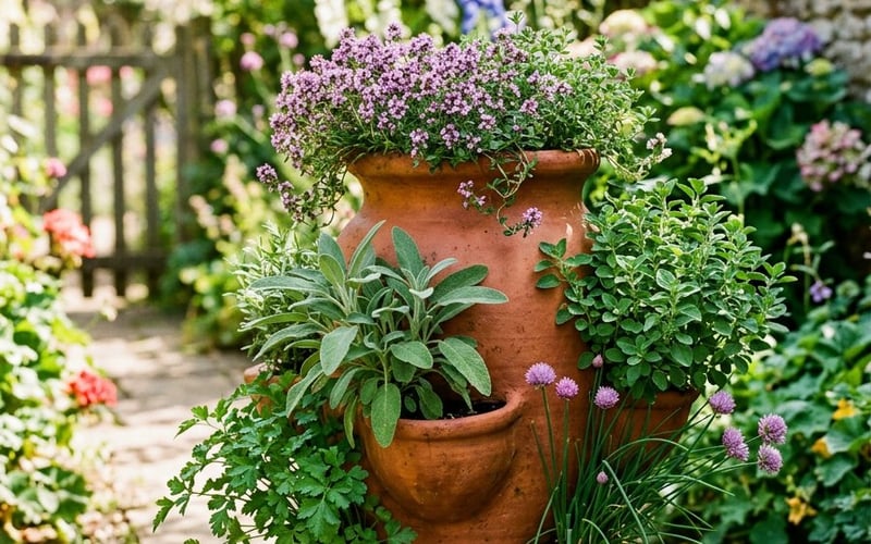 Terracotta tiered herb pot with thyme, sage, oregano, parsley and chives growing from different levels in a sunny cottage garden