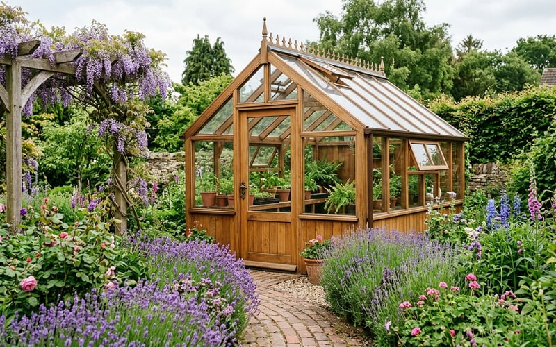 Swallow ThermoWood greenhouse in a mature English garden showing the warm honey-brown timber frame after several years of outdoor exposure