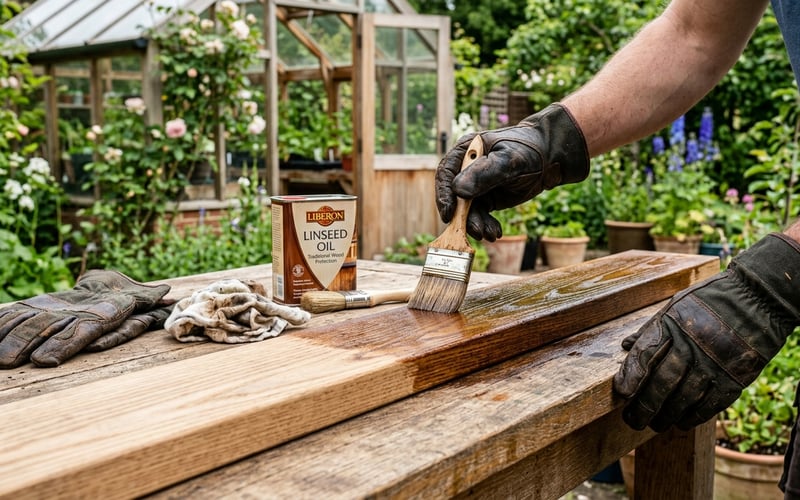 Applying UV-protective wood oil to ThermoWood timber to maintain the honey-brown colour on a potting shed