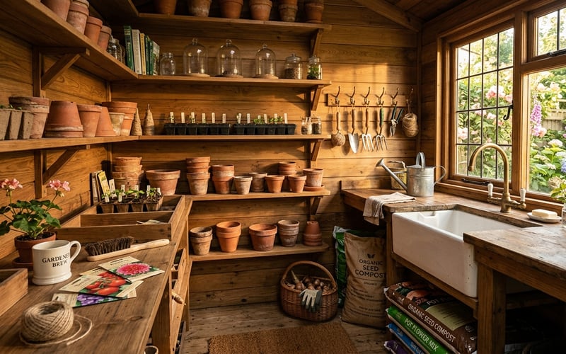 Interior of a ThermoWood potting shed showing the warm honey-brown walls, shelving and organised gardening workspace