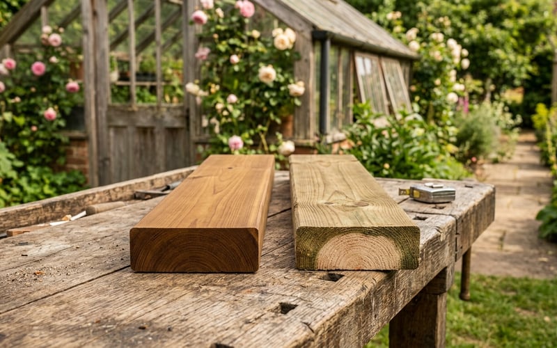 ThermoWood vs pressure-treated timber side by side showing the colour difference between heat-treated and chemical-treated wood