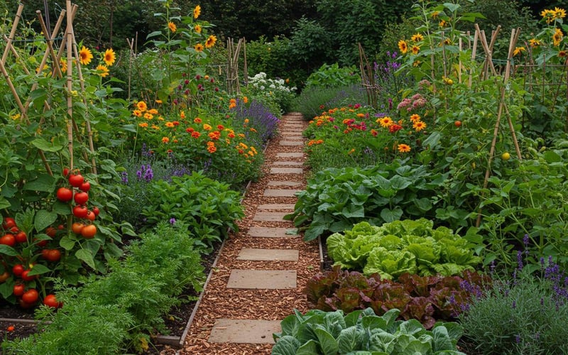 Thriving July garden with vegetables and flowers demonstrating peak summer growing conditions and successful garden management