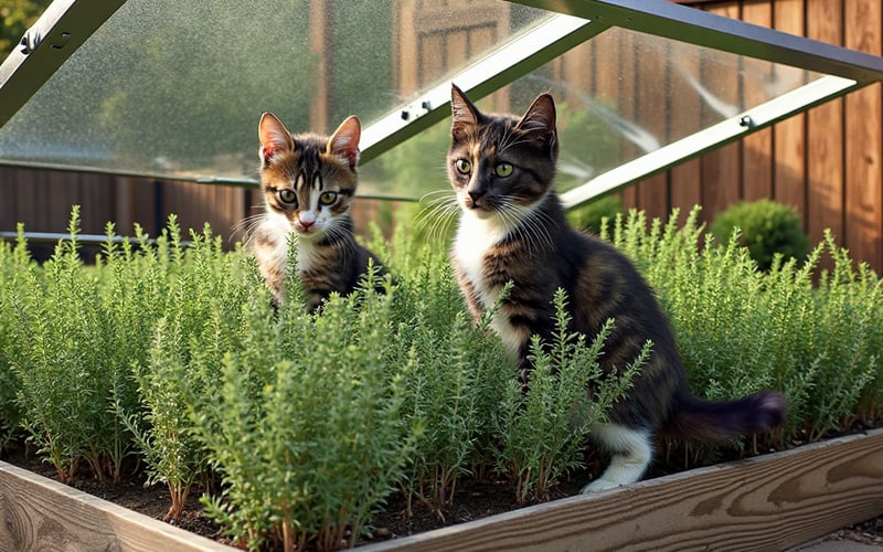 Thyme herbs growing in a cold frame greenhouse