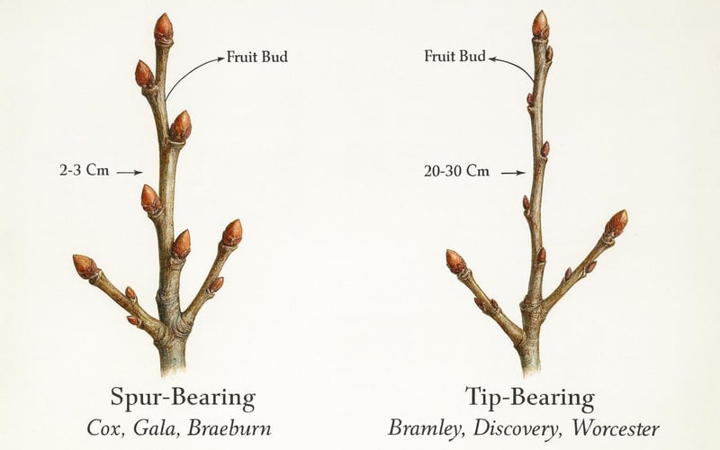 Side-by-side comparison diagram of spur-bearing and tip-bearing branches