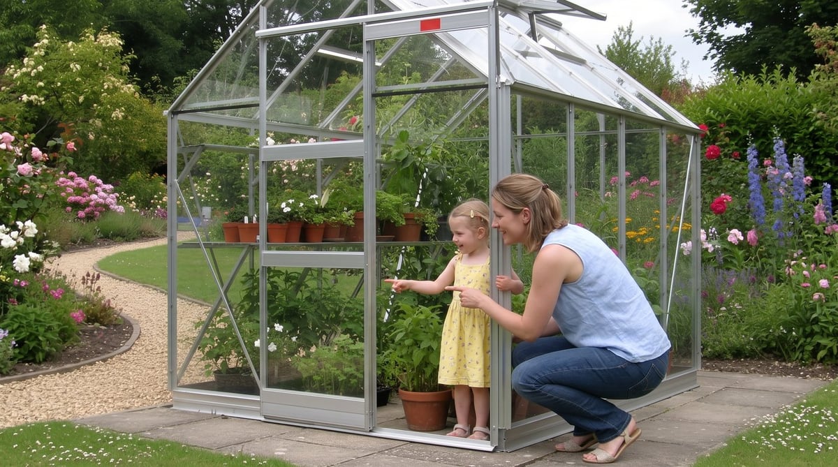 Mother and young daughter at the open door of an Elite toughened glass greenhouse in a family garden