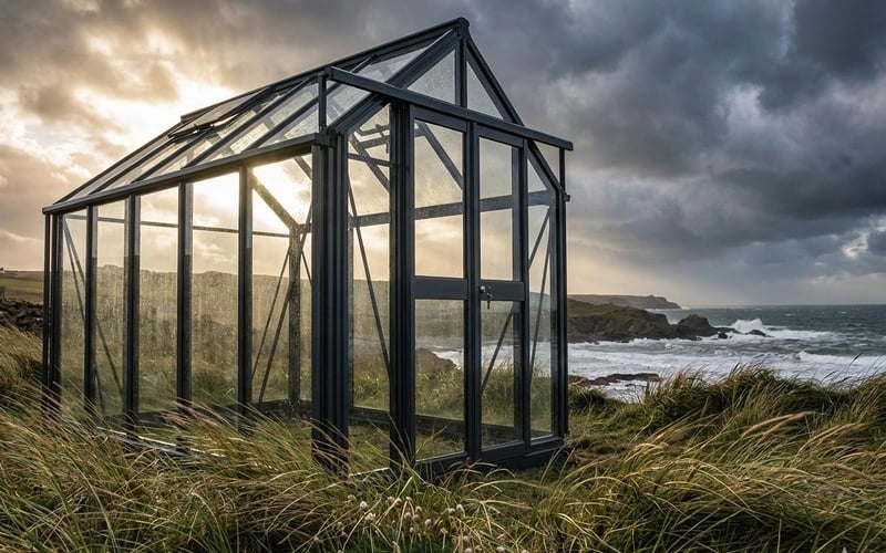 A heavy-duty Elite Titan greenhouse with toughened safety glass and bar capping in a large open garden.