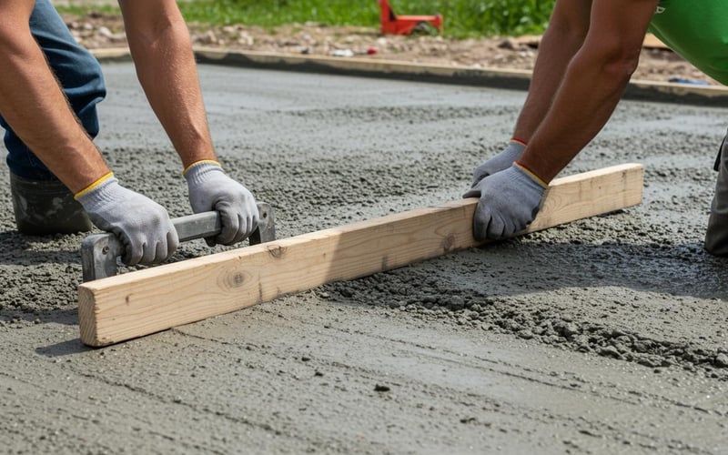Two people using wooden tamping beam to level fresh concrete shed base surface.
