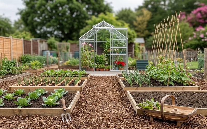 UK allotment plot with mulched paths between raised beds containing onions potatoes and brassicas with an aluminium greenhouse and compost bins at the end