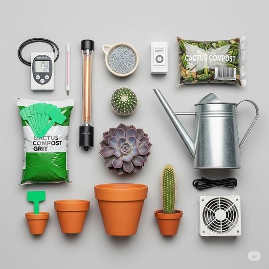 Essential greenhouse equipment for UK succulent growing laid out including thermometer, heater, and tools