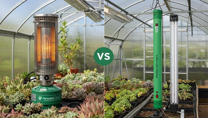 Side-by-side comparison of gas and electric greenhouse heaters for UK succulent growing