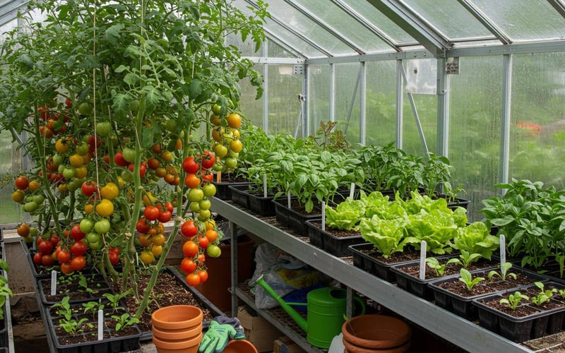 UK greenhouse in August showing summer tomatoes and winter vegetable sowings side by side