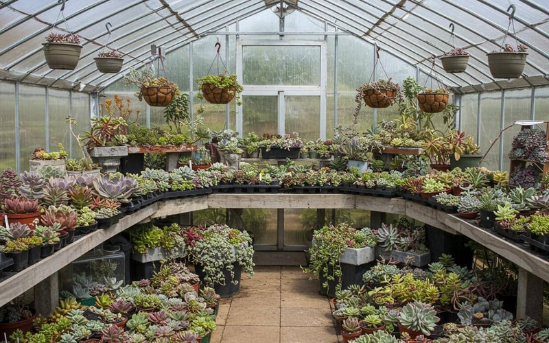 Creative succulent display arrangements in UK greenhouse using tiered benching and themed groupings