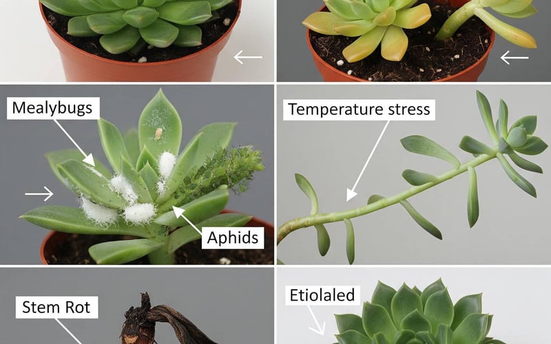Common UK greenhouse succulent problems including overwatering and pests