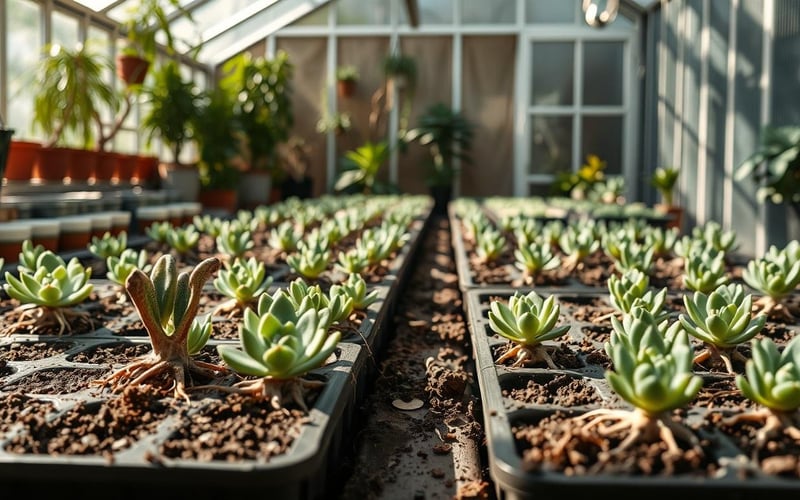 Successful succulent propagation in UK greenhouse showing leaf cuttings and new plant development stages