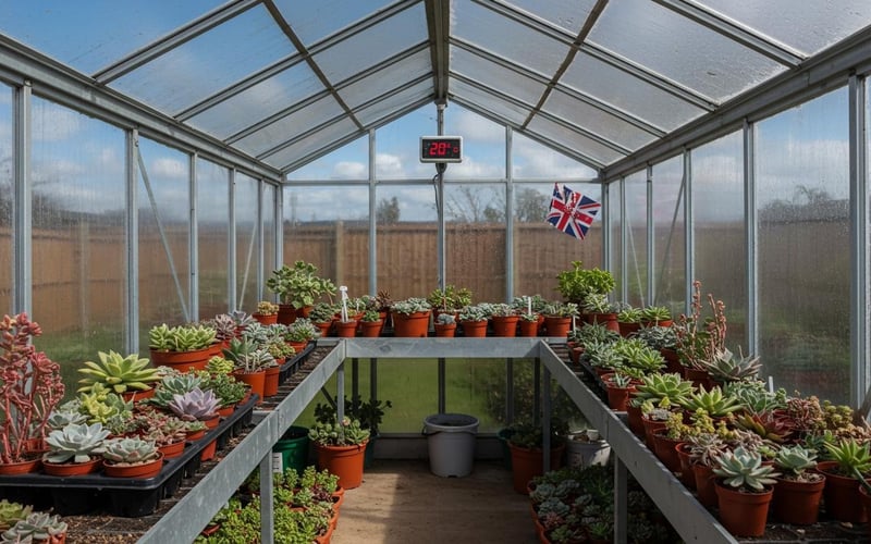 A collection of succulents thriving in UK greenhouse with thermometer showing optimal temperature for British climate growing