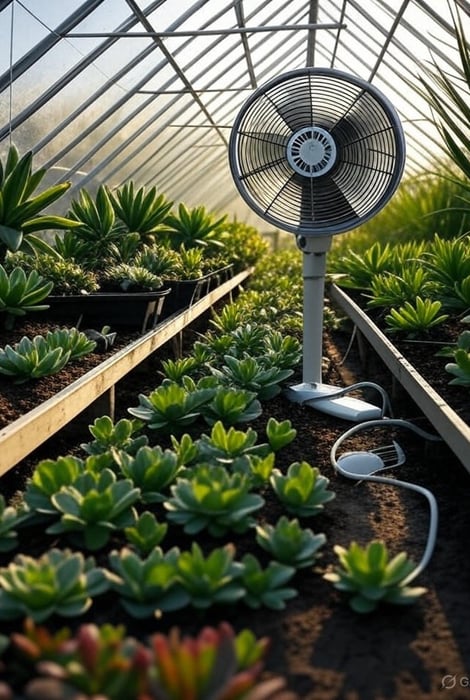 UK greenhouse ventilation system showing automatic vent openers and circulation fans for humidity control