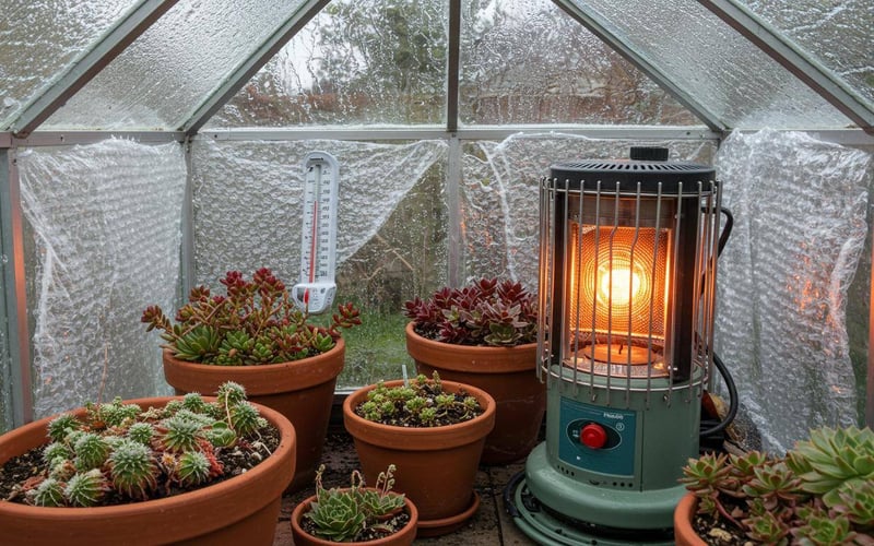 UK greenhouse winter protection showing bubble wrap insulation and heating system for succulent care