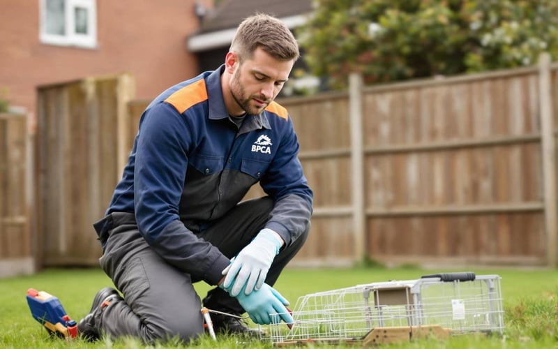 Professional pest control operative conducting rat treatment in UK garden wearing protective equipment
