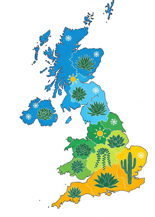 UK map showing regional greenhouse succulent growing conditions and heating requirements by area
