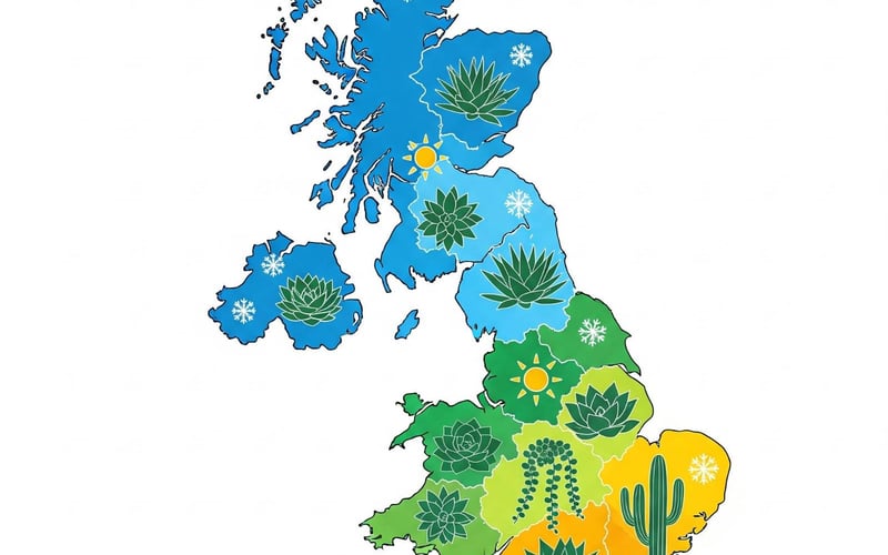 UK map showing regional greenhouse succulent growing conditions