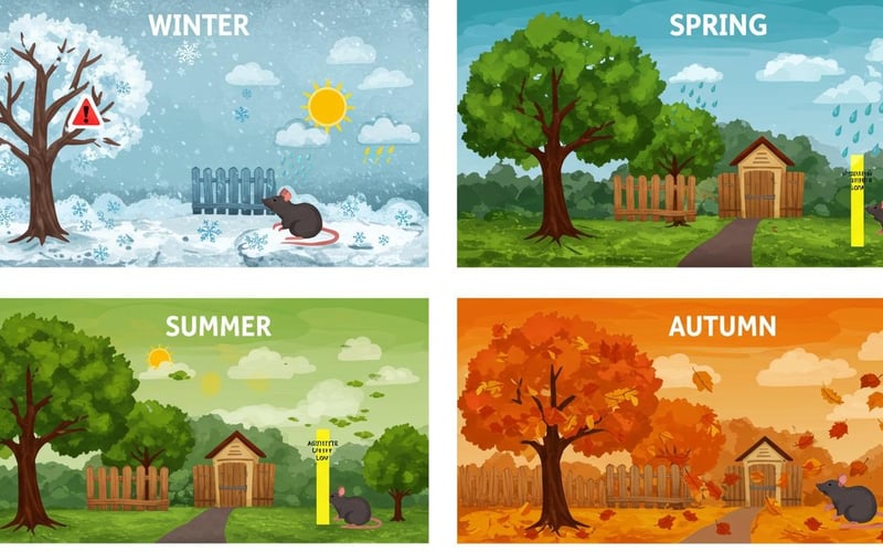 UK seasonal rat control calendar showing monthly actions for British gardens with weather patterns and rat activity levels
