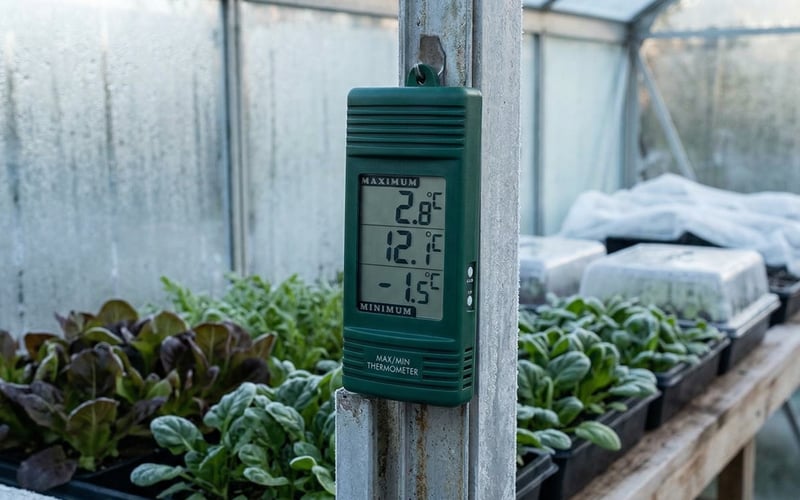 Elite ETI digital thermometer mounted on an aluminium greenhouse frame showing max and min readings with winter salad trays behind