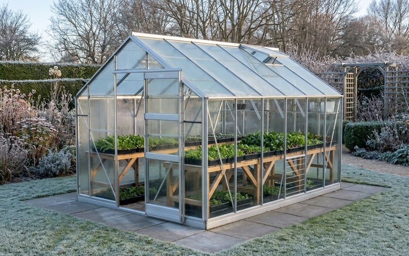 Elite Belmont 8x12 aluminium greenhouse filled with winter salad trays on wooden staging in a frosty UK garden