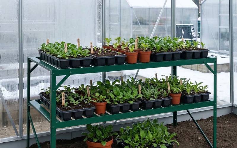 Vitavia two-tier green aluminium staging bench loaded with trays of winter salad seedlings inside a greenhouse