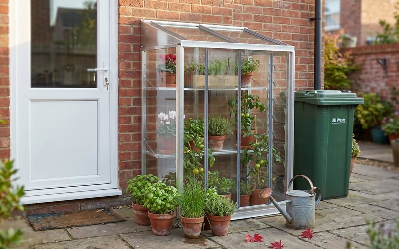 Access Harlow mini lean-to greenhouse on a UK urban courtyard patio with herbs and tomatoes showing productive small-space urban gardening