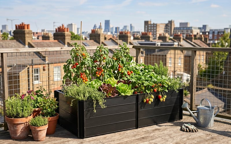 Elite Roots and Shoots 2x4 black raised bed on a UK urban rooftop terrace with tomatoes, strawberries, and herbs