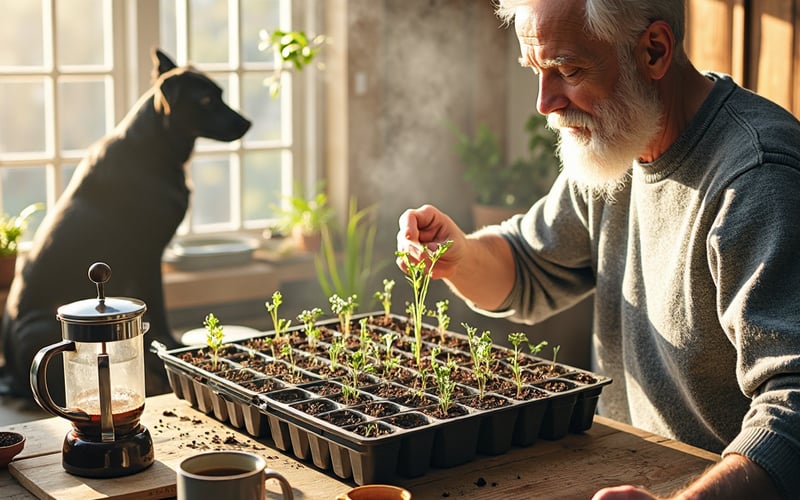 Heated propagator with tomato seedlings emerging in seed trays