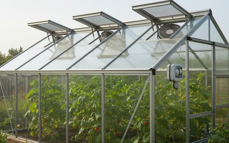 Greenhouse ventilation system with automatic vents and fans for August heat management