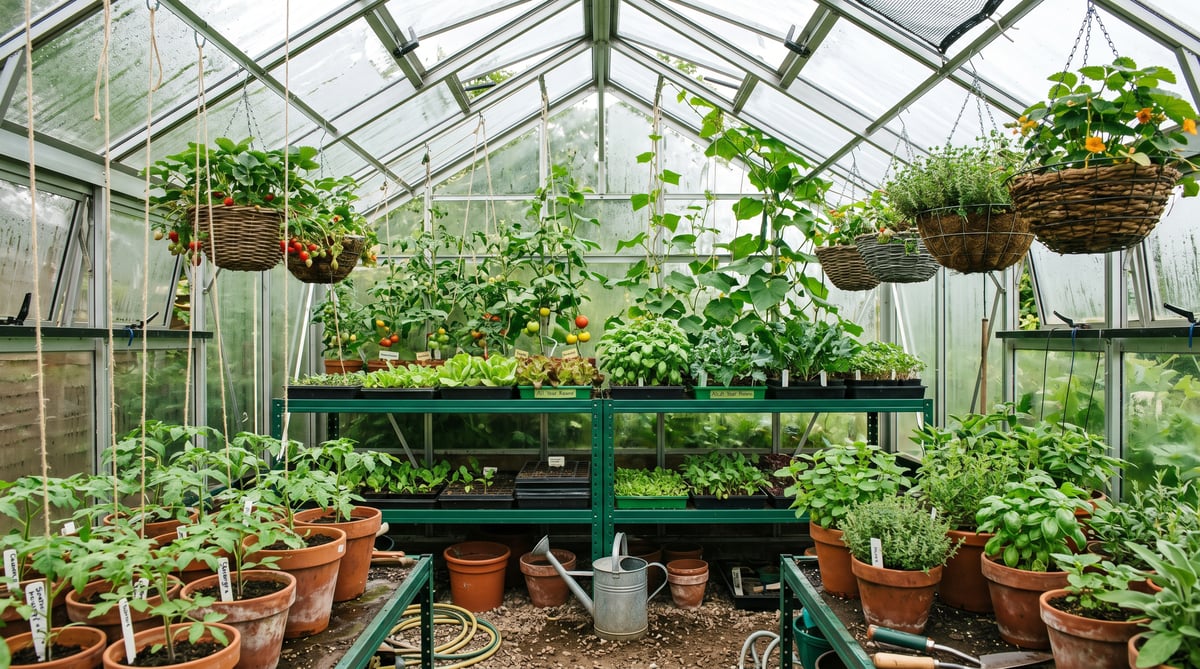 Interior of a UK aluminium greenhouse in late June showing all four vertical growing zones in use — floor with terracotta pots and tomato seedlings, two-tier staging holding seed trays of basil and lettuce, climbing tomato and cucumber vines trained to the apex ridge on vertical strings, and hanging baskets of trailing strawberries suspended from the ridge bar