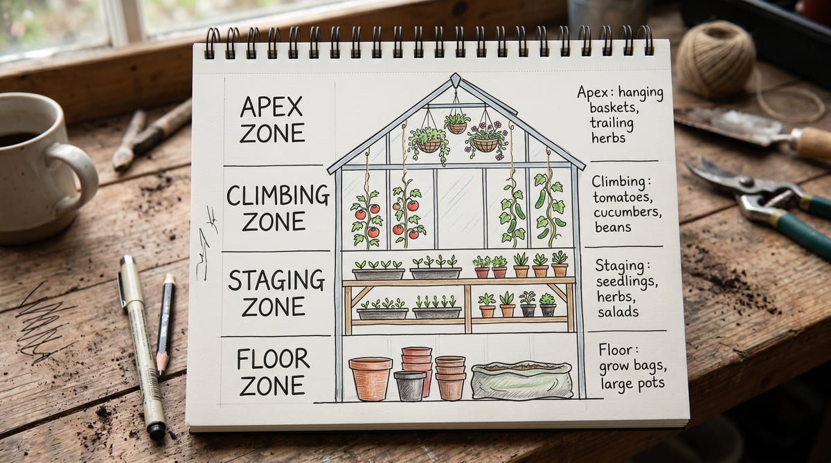Hand-drawn cross-section diagram of a UK greenhouse interior labelled with four vertical growing zones from floor to apex — Floor zone for grow bags and large pots, Staging zone for seedlings and herbs, Climbing zone for tomatoes and cucumbers on vertical strings, and Apex zone for hanging baskets suspended from the ridge bar