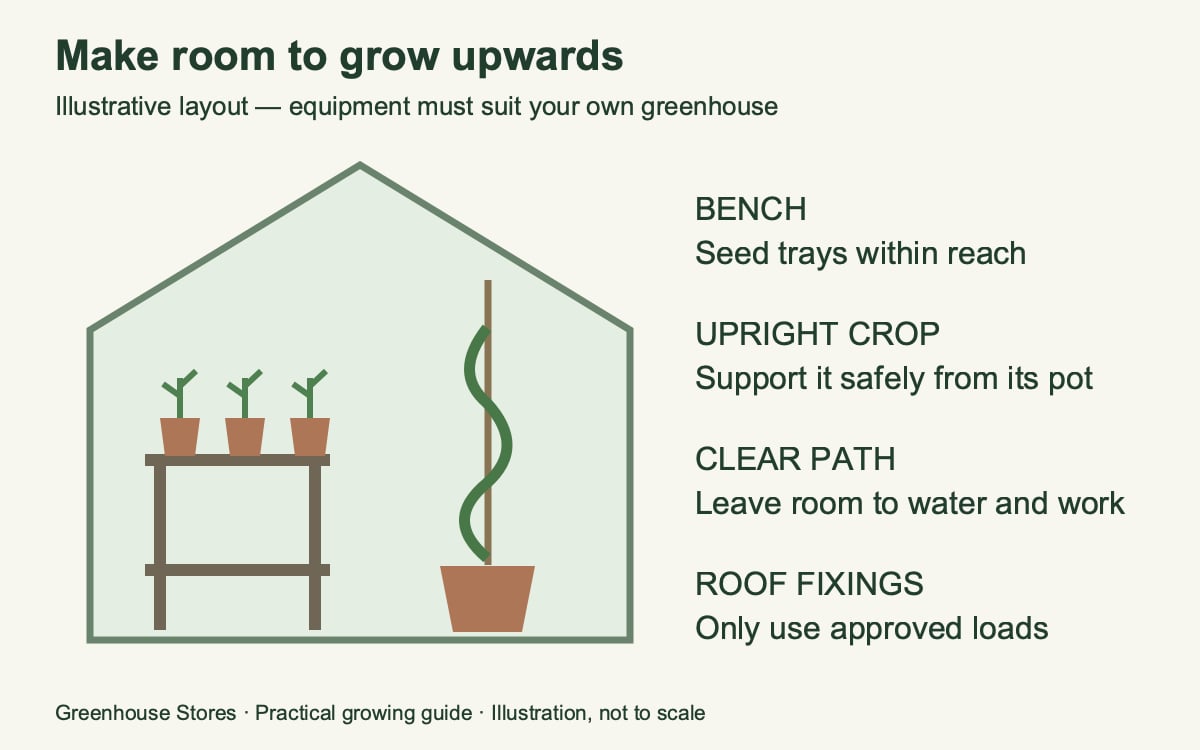 Greenhouse layout with staging, a supported crop and a clear walkway