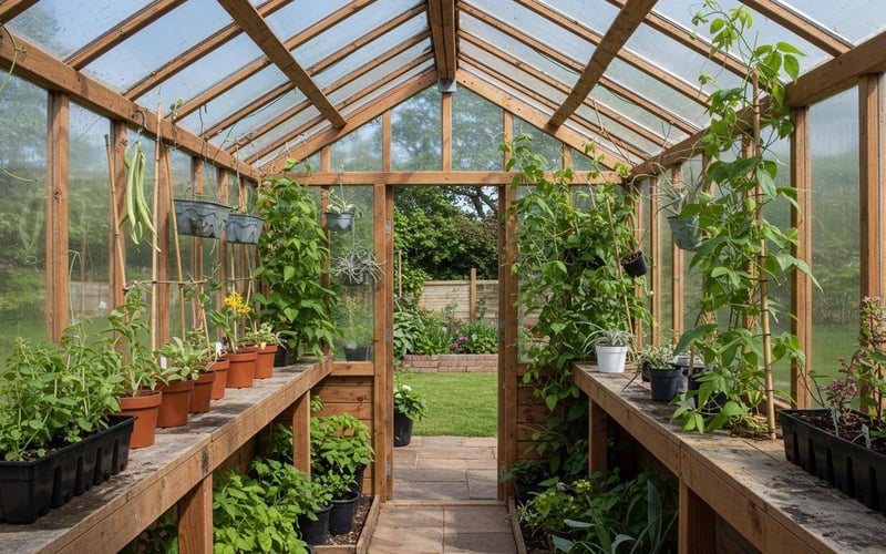 Vertical growing system in greenhouse with climbing exotic plants maximizing space.