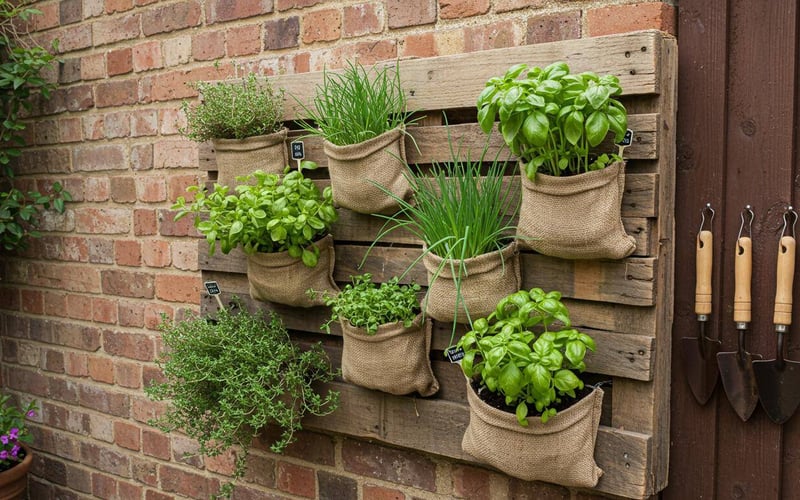 Vertical pallet herb garden mounted on wall with herbs growing in pockets, showing space-saving herb growing solution for small gardens