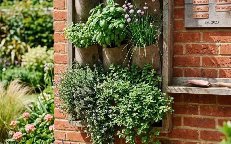 Vertical herb garden with pocket planters mounted on a brick wall growing thyme, oregano, basil and rosemary in a UK garden