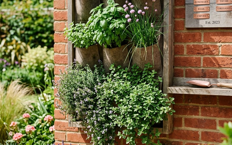 Vertical herb garden with pocket planters mounted on a brick wall growing thyme, oregano, basil and rosemary in a UK garden