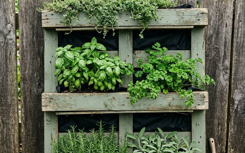 Rustic vertical pallet herb garden leaning against a garden fence with rosemary, sage, basil and trailing thyme growing between the slats