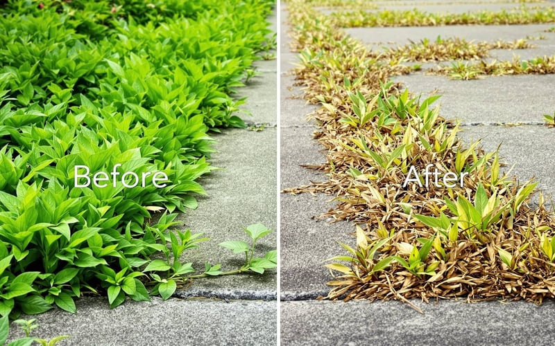 Before and after photos showing weeds killed by homemade vinegar weed killer on concrete patio within 24 hours