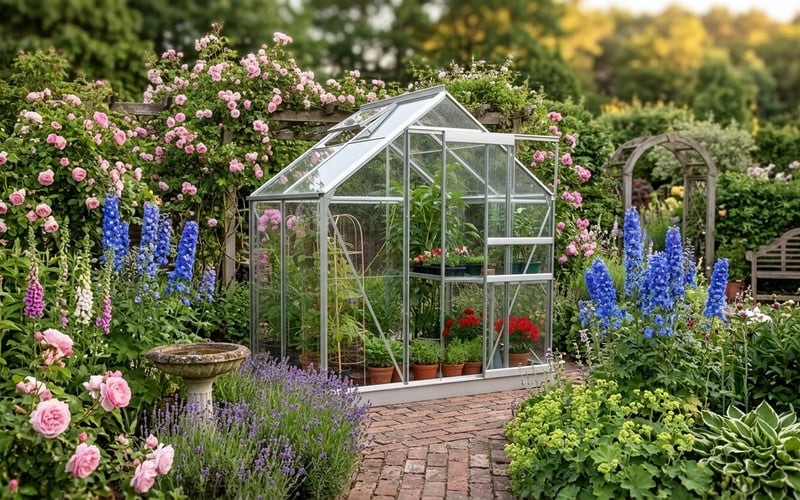 Vitavia Venus silver anodised aluminium greenhouse in a UK garden after 10 years of weathering with frame still smooth and shiny without pitting
