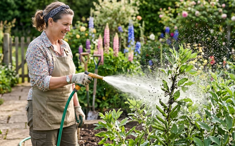 UK gardener using a strong jet of water from a hosepipe to dislodge black bean aphids from a broad bean plant with water droplets catching the morning light