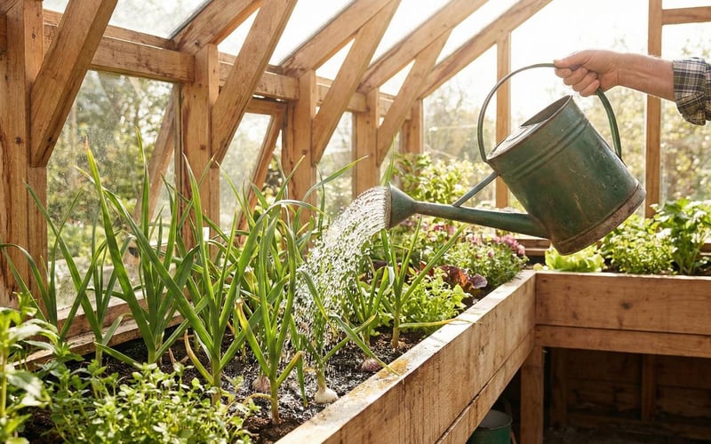 A gardener using a watering can with a rose attachment to gently water garlic plants in a wooden greenhouse during spring.