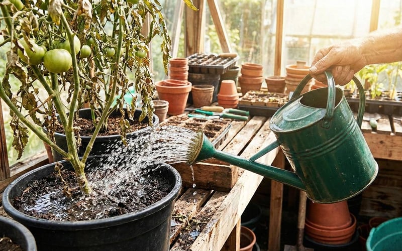 Gardener watering the base of a tomato plant in a pot using a watering can
