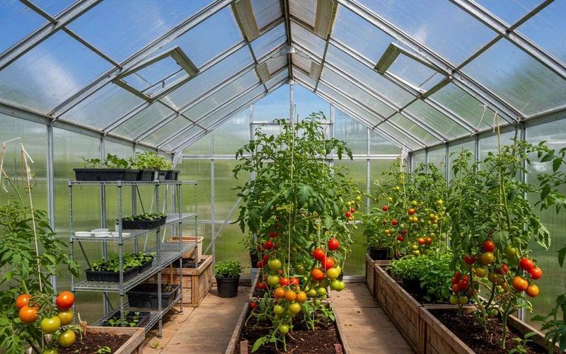 Well-organized greenhouse interior showing tomato plants, ventilation system and watering setup in August.