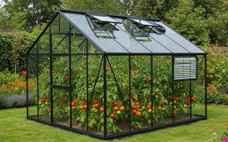 Well-ventilated greenhouse with healthy tomato plants showing proper July management techniques