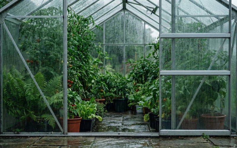 Aluminium greenhouse in the rain with lush plants inside.