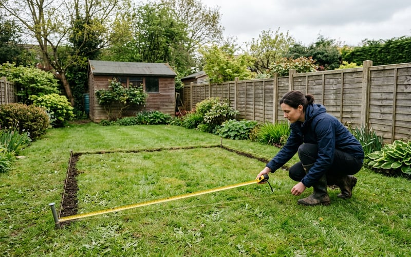 Gardener measuring space for a greenhouse in a UK back garden
